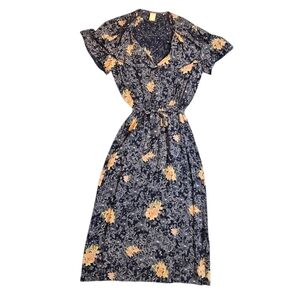 Vintage 70s 80s Floral Midi Dress Button Front Elastic Waist Cottagecore Size S